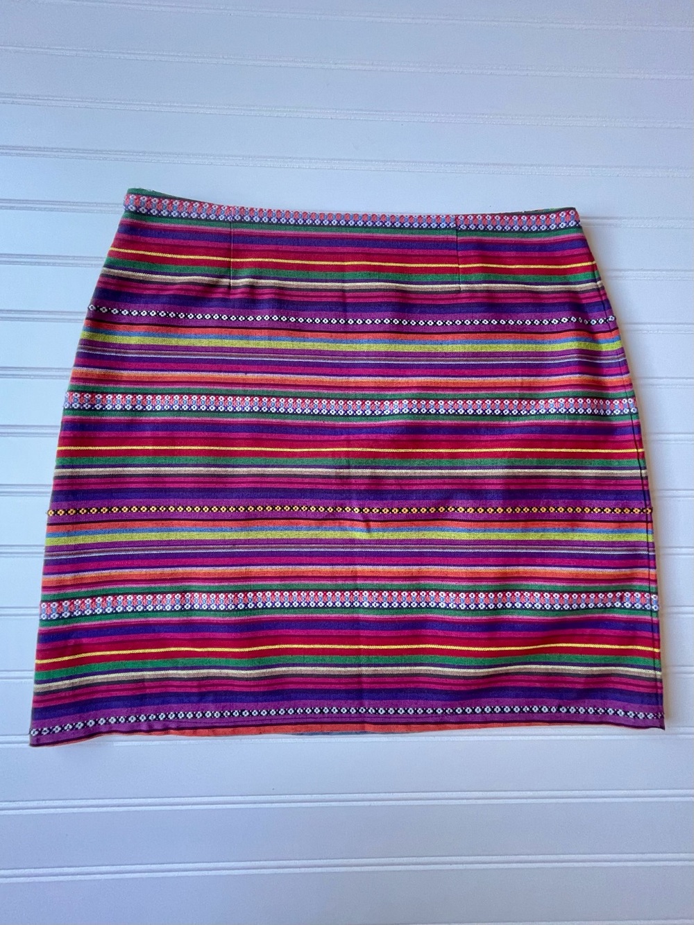Peruvian Print Rainbow Striped Mini Skirt Size L Side Zip Boho Southwest Folkart